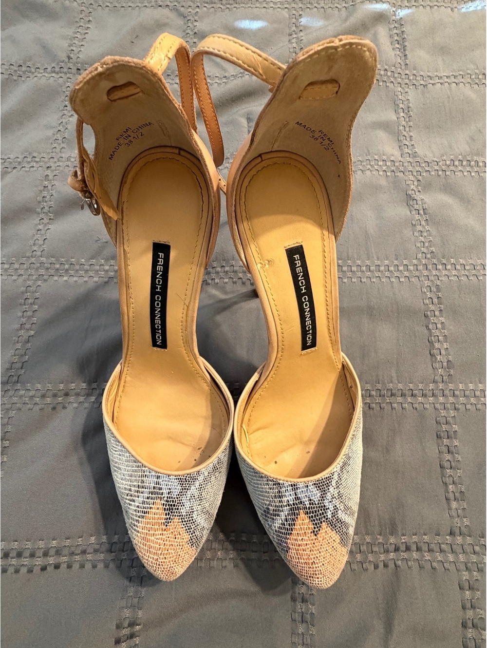 French Connection Beige and Snakeskin Pattern Platform Heels Size 38.5